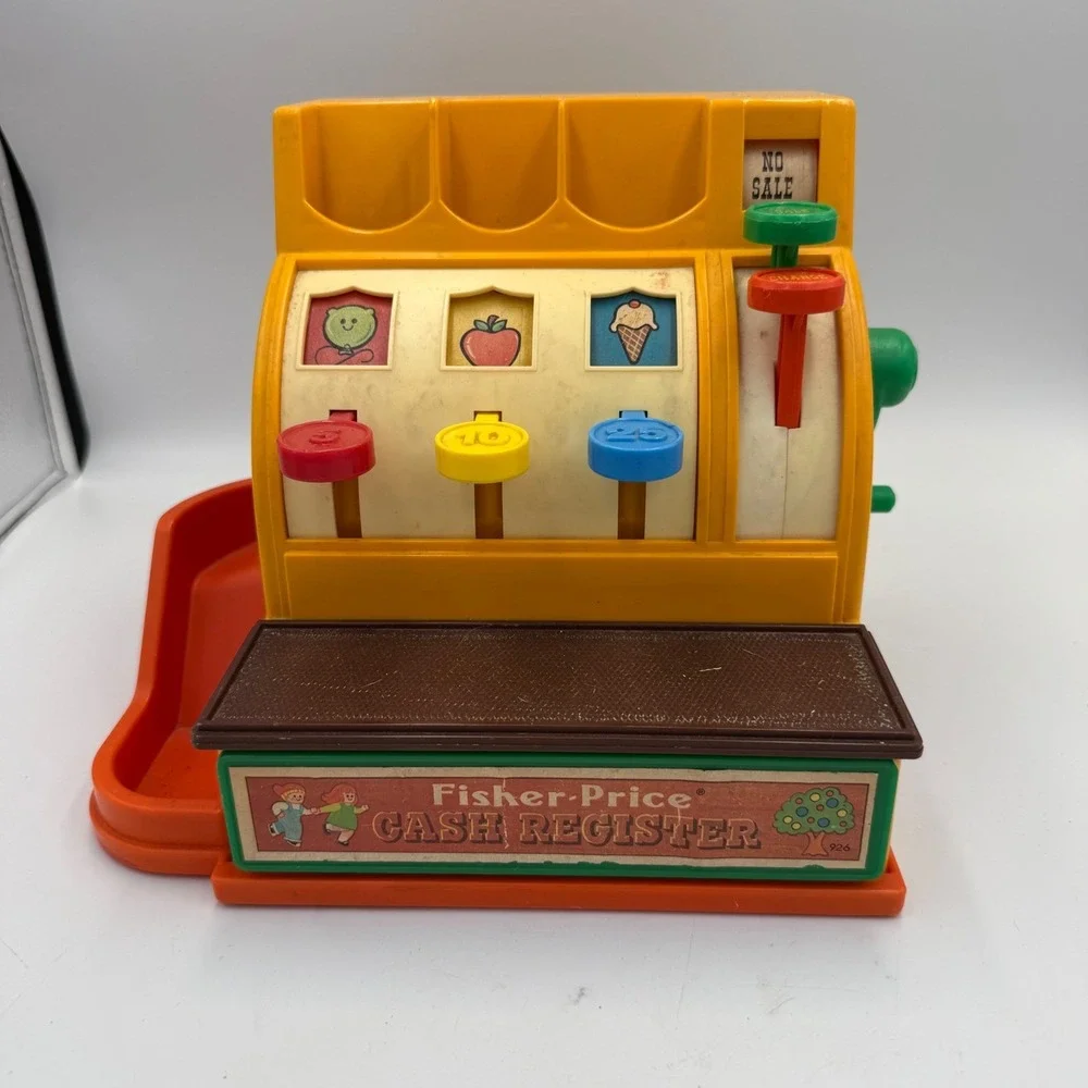 Vintage 1974 Fisher-Price Cash Register 926 Toy Yellow Orange Working Drawer